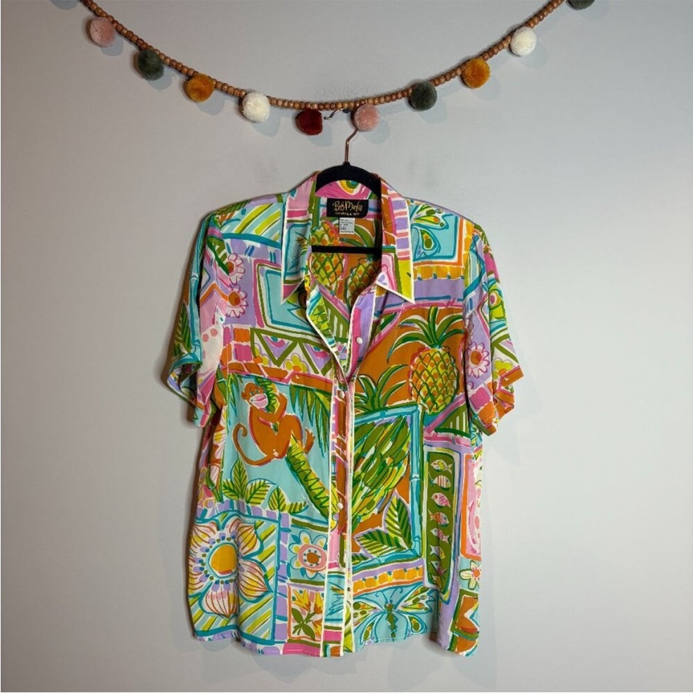 Vtg Bob Mackie colorful tropical silk button down shirt